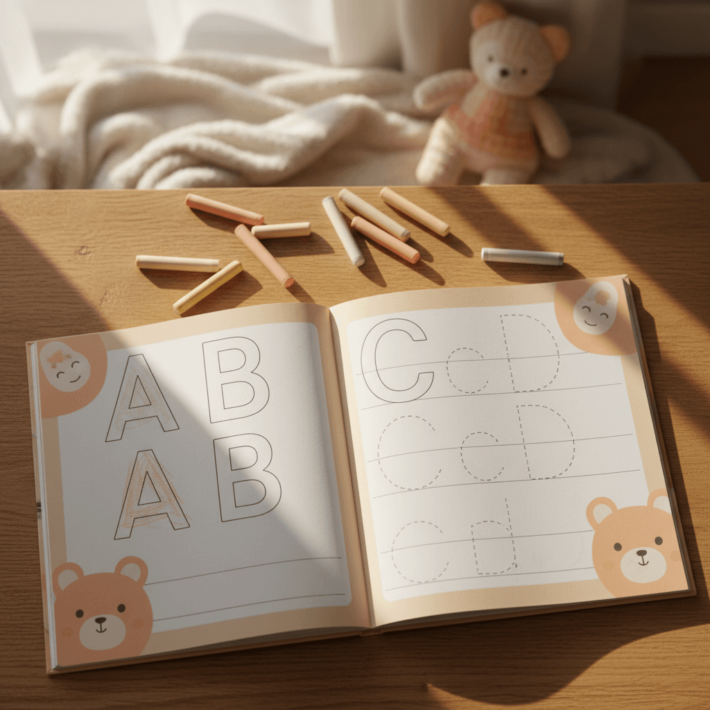 Open preschool workbook with letter practice pages
